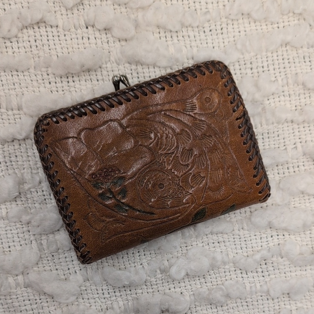 Vintage Leather Tooled Coin Purse 60s Retro Artisan Craft Handmade Wallet